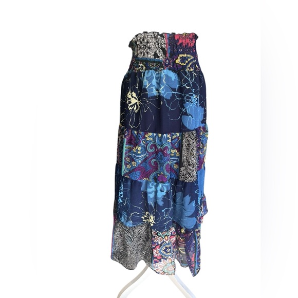 Chaudry Boho Patchwork Tiered Maxi Skirt Blue Floral Paisley Smocked Waist S - Picture 3 of 10